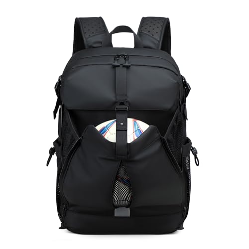 UtiaMiaoGonGo Basketball Fußball Rucksack mit Schuhfach und Ballfach Große Sportrucksack Herren Damen Wasserfest Sportausrüstungstasche für Basketball Volleyball Fußball Schwarz