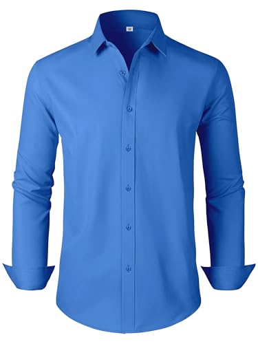 GIANZEN Blue Shirt Mens Dress Shirts for Men Big and Tall Fitted Long Sleeve Wrinkle Free Button Down Work Blue Size L