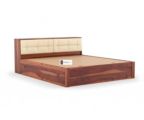 Image of Sheesham Wood King Size Bed with Box Storage and Cream Upholstered Headboard Solid Wooden Double Bed Furniture for Bedroom (Honey, Headboard King 1)