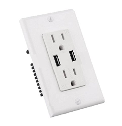 Teklectric 4.2A High Speed Dual USB Charger Outlet 15A Tamper Resistant Receptacle & Free Wall Plate, White USB Outlet…