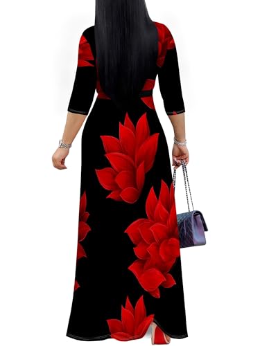 Image of Plus Size Maxi Dress for Women V Neck 3 /4 Sleeve Wrap Dress
