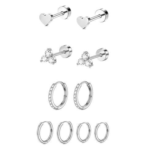 Image of SANNIDHI 5 Pairs Earrings Set for Women Girls Stylish Hypoallergenic Surgical Flat Back Stud Earring Stainless Steel Cartilage Earrings Combo for Multiple Piercing