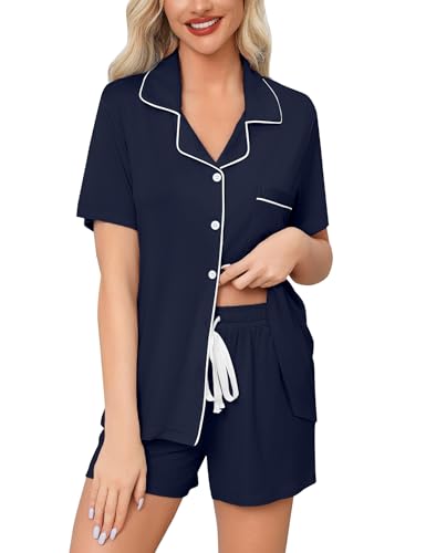 Image of Anjue Womens Pajamas Set Short Sleeve Button Down Soft Pj Sets S-XXL | V neck,Pyjamas,Modal,Wedding,Pijamas de mujer,Bridal party,Viscose,Knit,Cute,Lounge,Lightweight,Nursing,Holidays