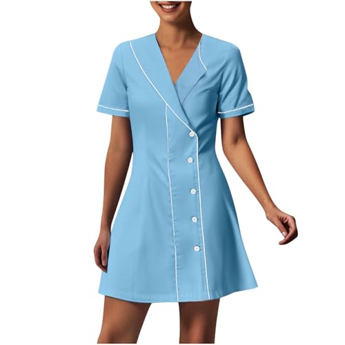 Nurses Scrubs Dress Uniforms Women V-Neck Short Sleeve Button Down Shirt Dress Nursing Mini Dresses with Pockets - Main Image