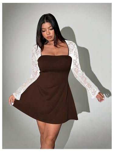 Image of Floerns Women's Plus Size Contrast Lace Sheer Long Sleeve A Line Dress Square Neck Mini Dresses