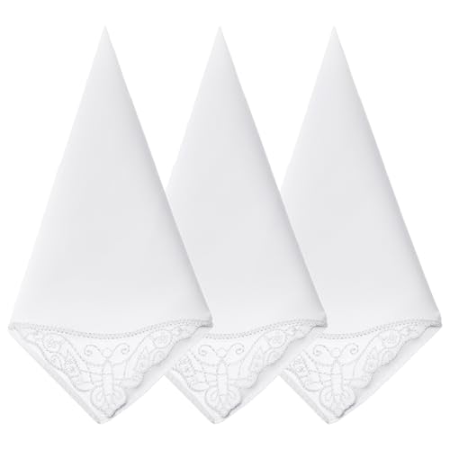 Eiodoni 3PCS Handkerchiefs for Women 11 Inch White Soft Cotton Ladies Handkerchief Pure Color Elegant Embroidery Lace Square Hankies Daily Accessory for Afternoon Tea Party