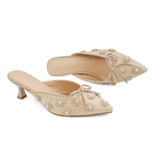 Image of Women Kitten Heel Mules Crystal Flower Decor Mesh Pointed Toe Low Heel Casual Pumps