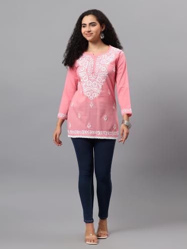 Image of Seva Chikan Hand Embroidered Lucknowi Chikankari Cotton Short Top Tunic for Women SCL9017