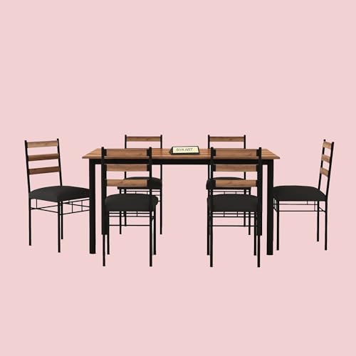 Image of Wooden Top Iron Frame 6 Seater Dining Table with Cushioned Chair for Living Room Home Dining Room Furniture Set (Honey-Black)