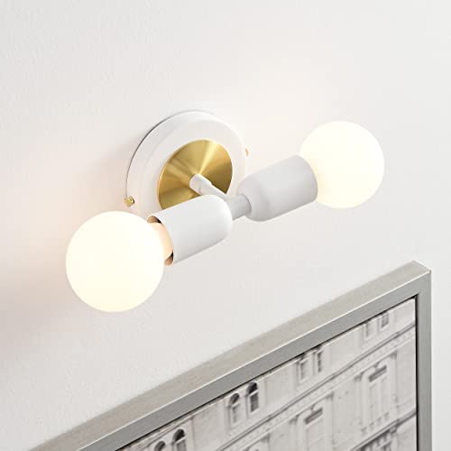 Image of BRIGHTTIA Luna Duo 2 Light Wall Sconce - Mid Century Modern Fixture for Wall & Ceiling - Minimalist Edison Lamp for Hallway and Bathroom Vanity - White & Gold (BW0026-2WG)