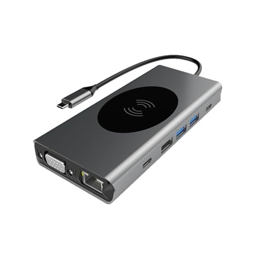 Image of ZEORGIA USB-C Docking Station with Wireless Charging Pad, 4K HDMI, VGA, Gigabit Ethernet, 100W PD, USB 3.0, Audio, SD /TF | Universal Dock for Laptop & Tablet (ZEORG 13 in 1 (WC))