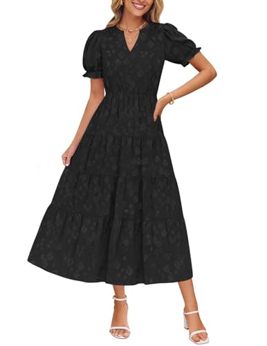 Image of ZESICA Womens Summer Floral Flowy Midi Dress 2026 Puff Short Sleeve V Neck Ruffle Tiered Beach Vacation Party Dresses