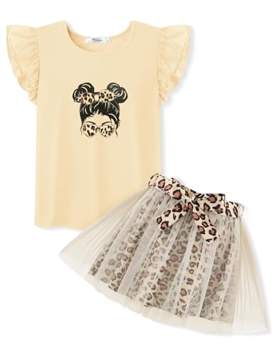 Arshiner Bekleidungssets für Mädchen Leopard Kleid Set Kinder Sommer Ärmellos T-Shirt Tüllrock Kleidungsset Mädchen Outfit 130/7-8 Jahre