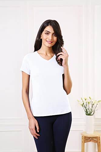 Image of Van Heusen Women Lounge T-Shirt - Super Combed Cotton Elastane - V-Neck, Short Sleeve, Short Sleeve, Reflective Trim