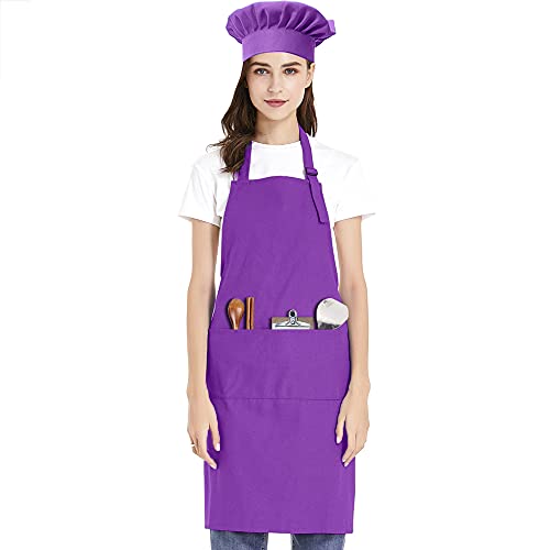 Opromo TOPTIE Cotton Canvas Adjustable Apron and Chef Hat Set for Men and Women-Purple-L