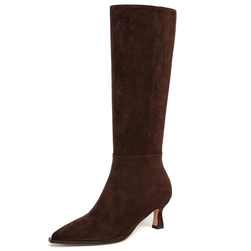 SUIARA Knee High Boots Women Brown Kitten Heel Pointed Toe Faux Suede Leather Side Zipper Comfortable Stiletto Long Tall Dress Boots