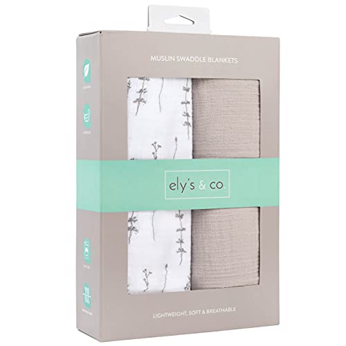 Image of Ely's & Co. Muslin Swaddle Blanket 2-Pack - 100% Cotton Muslin Extra-Large Swaddle Blankets (47 inch x 47 inch) Solid + Printed (Forest Grey Delicate Leaves + Solid Pebble Grey)