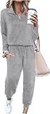ELESOL 2 Piece Sweatsuits for Women with Pocket Cotton Jogger Set Long Sleeve Comfy Casual Tracksuit Sets Gray M
