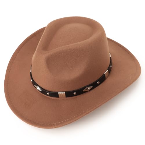 Image of DRESHOW Cowboy Hat for Women and Men Western Felt Cowboy Cowgirl Hat Wide Brim Belt Buckle Retro Fedora Hats Unisex Caps