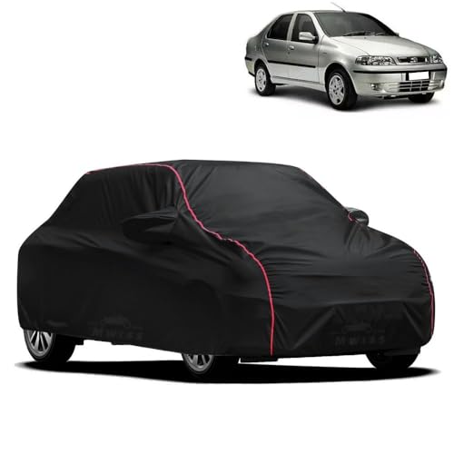 Image of Waterproof Car Cover for Fiat Punto Siena | All-Weather Protection, Dustproof & UV Resistant | Triple Stitched Mirror Pockets, Windproof Buckle Strap with Elastic Hem, Black-Red Piping