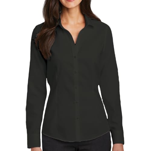 JiaYouLC Women's Long Sleeve Casual Blouses & Shirts Ladies Plain Stretch Button Down Shirts (UK, Alpha, XS, Regular, Regular, Black)