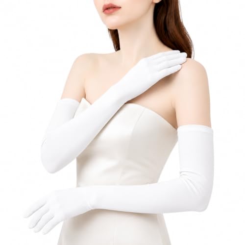 JOMOCARE White Long Opera Party Gloves Elastic sun protection gloves Cosplay Elbow Length Matte gloves 23 inches 58cm (White 1 pair)