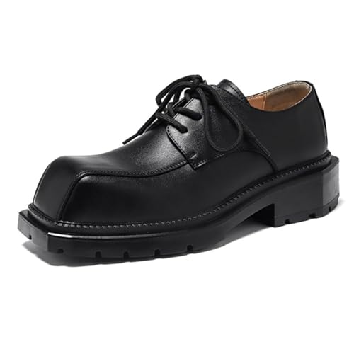 Men's Black Leather Platform Lace Up Derby Shoes Classic Square Toe Non Slip Lug Sole Formal Dress Shoes Casual Business Office Work Oxfords