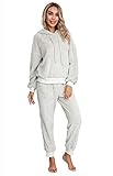 SIAEAMRG Womens Fuzzy Sherpa Fleece Pajamas Set, Long Sleeve Hoodies Pajama Pants 2 Piece Outfits Loungewear Sleepwear Nightwear (Light Grey, M)