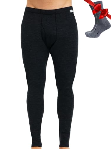 Merino Wool Base Layer Men Leggings Pants 100% Merino Wool Thermal Underwear Long Johns Light, Mid, Heavyweight + Hiking Socks (XX-Large, 165 Heathered Black)