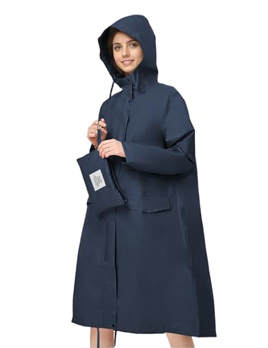 Image of Venzina Raincoat for Women High Waterproof Hooded Rain Jacket Zip-up Rain Coat Knee-length Lightweight Rainwear with Storage Pouch, Stylish A-line Poncho for Camping, Commutes, Travel