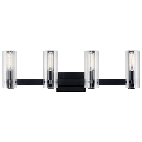Image of Kichler Jemsa 4-Light Bathroom Vanity Light Fixture with Clear Fluted Glass in Black, Modern Wall Mount Vanity Lighting for Bathroom Over Mirror (9.75 in x 32 in), 55169BK
