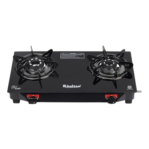Image of Khaitan 2 Burner Selios Black Manual Gas Stove Toughened Glass, Alloy Premium Burners, ISI Marked with 1 Year Warranty.