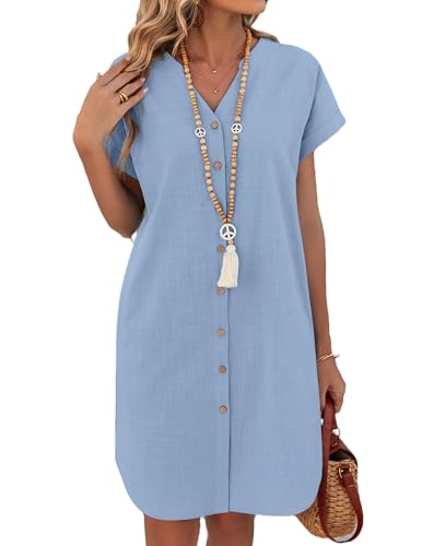 Zeagoo Robes Femme Chemise Robe en Lin Manches Courtes Été Blouse Robe Col en V Décontractée Uni Robes à Poche Bleu Clair XXL