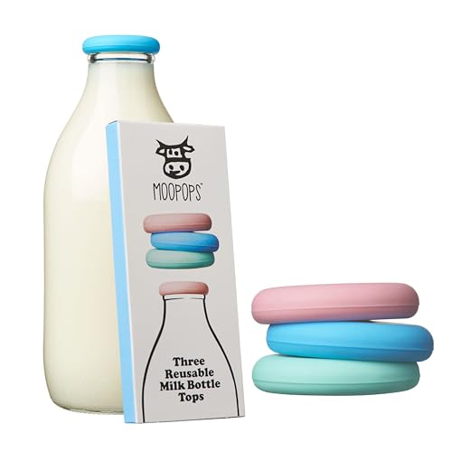 MOOPOPS Reusable Silicone Milk Bottle Tops - 3 Pack | Dishwasher & Fridge Safe | Airtight Bottle Seal | Durable & Reliable | Easy Use | Designed To Fit Standard UK One Pint Glass Milk Bottles | Pastel