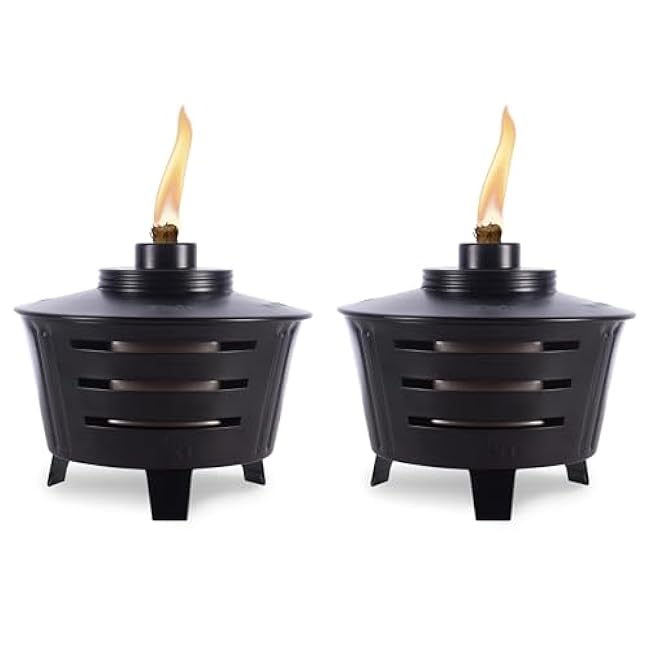 TIKI Mini Fire Pit Tabletop Torch 2-Pack, Outdoor Decorative TIKI Torch for Patio, Backyard, and Garden, Black Metal Tabletop Flame Torch, Includes Long Lasting Wick and Snuffer