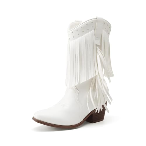 DREAM PAIRS Girls Cowboy Boots with Tassel Fringe Cowgirl Boots Kids Western Boots Stylish & Comfortable,Size 5 Big Kid,White,KKUMMB2508