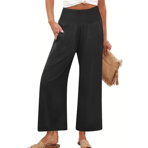 Linen Capri Pants for Women Smocked High Waist Wide Leg Capris Pants Summer Baggy Beach Lounge Boho Pant with Pockets