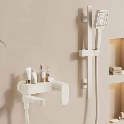 Genérico Grifo Mezclador de Baño de Pared con Caño Giratorio de 90° Grifo de Ducha Monomando con Barra de Ducha Rígida Color Blanco Crema