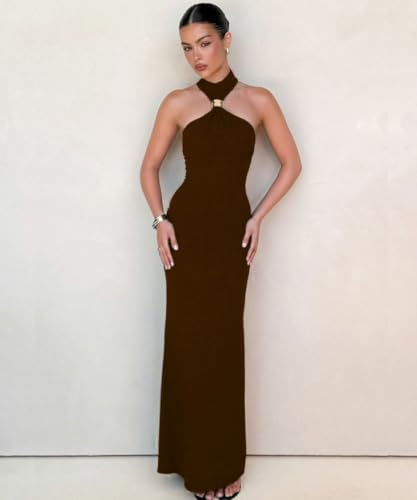 Image of Women High Neck Bodycon Dress Summer Casual Sleeveless Back Slit Elegant Party Cocktail Maxi Formal Dresses