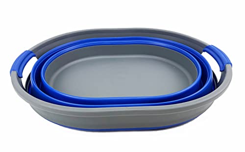 SAMMART - 23L Collapsible Plastic Laundry Basket - Oval Tub/Basket - Foldable Storage Container/Organizer - Portable Washing Tub - Space Saving Laundry Hamper (Grey/Purplish Blue) - Image 2
