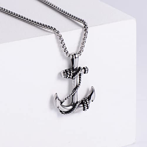 JKJF 2 Pcs Anchor Necklace Vintage Navy Nautical Pirate Chain Necklace Cool Stainless Steel Pendant Necklace Goth Punk Rock Hip Hop Necklace for Men - Black Silver4