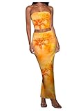 SOLY HUX Women's 2 Piece Skirt Sets Strapless Crop Tube Top Bodycon Maxi Skirt Summer Floral Outfits Yellow Floral Medium