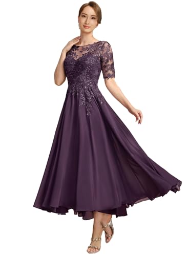 Tea Length Mother of The Bride Dresses for Wedding Sequin Lace Formal Dresss with Sleeves4