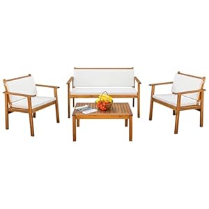 Devoko Patio Furniture 4 Piece Acacia Wood Outdoor Conversation Sofa Set with Table & Cushions Porch Chairs for Garden, Deck, Backyard, Natural