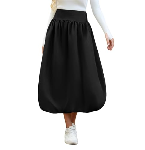 Women's Bubble Long Skirt Elastic Waist A-Line Pleated Ruffle Flowy Balloon Maxi Skirts with Pockets