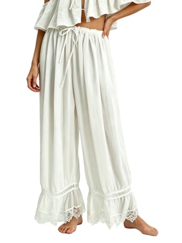 Image of UAURORAO Women Lace Trim Bloomer Pants Flowy Culottes Pantaloons Bloomers