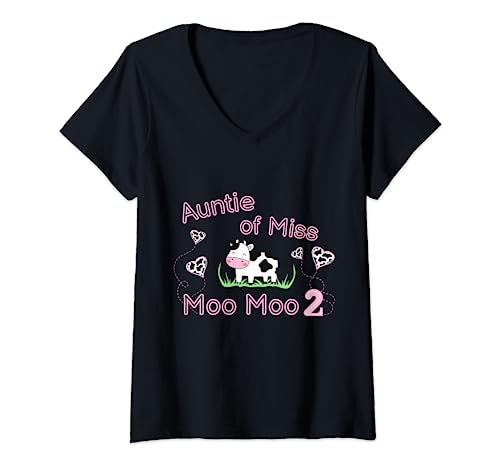 Femme Fille 2ème Anniversaire Fête Rose Vache Auntie Moo I'm Two Animal T-Shirt avec Col en V