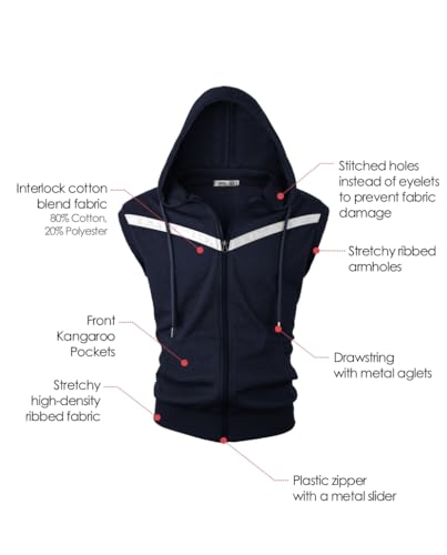 Image of Ohoo Mens Slim Fit Sleeveless Lightweight Zip Up Hooded Sweatshirt Vest Hoodie