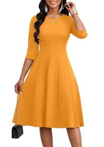 Image of CLOCOR Casual Midi Dresses for Women A-Line Fit and Flare Elegant Church 3 /4 Sleeve Crew Neck Dress with Pocket