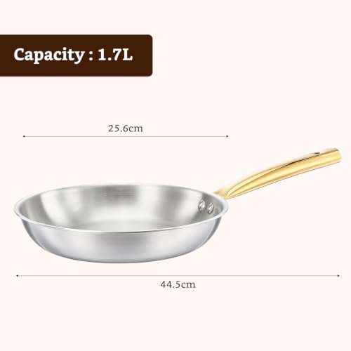 Image of Amazon Brand - Solimo Premium Triply Stainless Steel Frypan with Lid 24cm (1.7L) | Even Heating | Gas & Induction Compatible | SS 304 Food-Grade | Dishwasher Safe |Elegant Golden Handles |BIS Certified